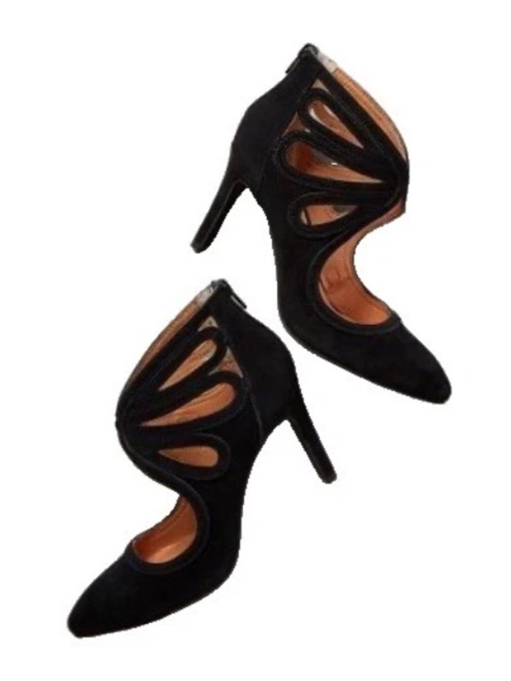 Anthropologie Lien Do Lindeza Black Suede Heels 8.5 Cutout Pointy Evening Dressy